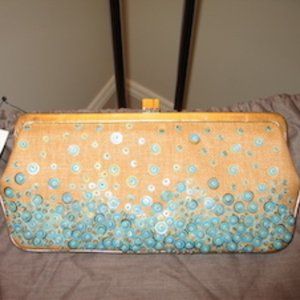 LAMBERSTON TRUEX-TAN FABRIC CLUTCH WITH TURQUOISE